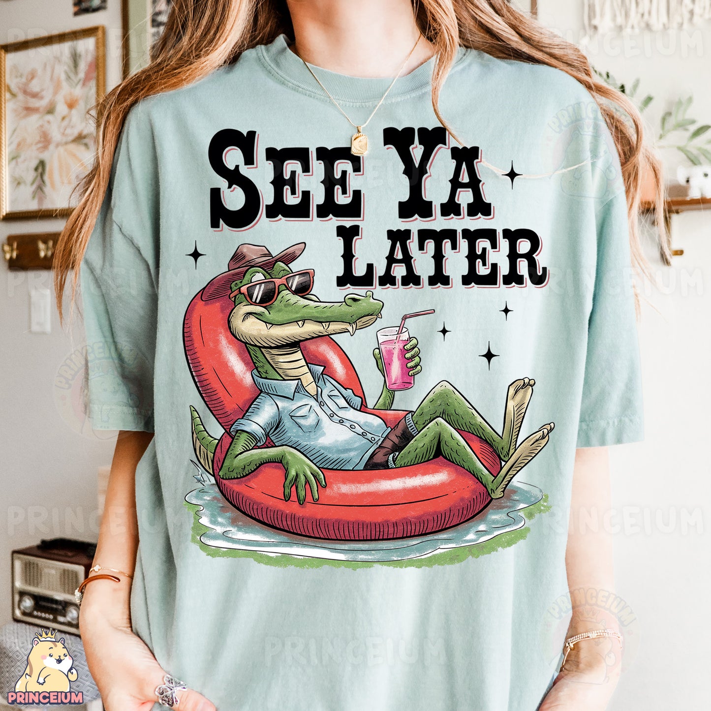 a woman wearing a t - shirt that says see ya later