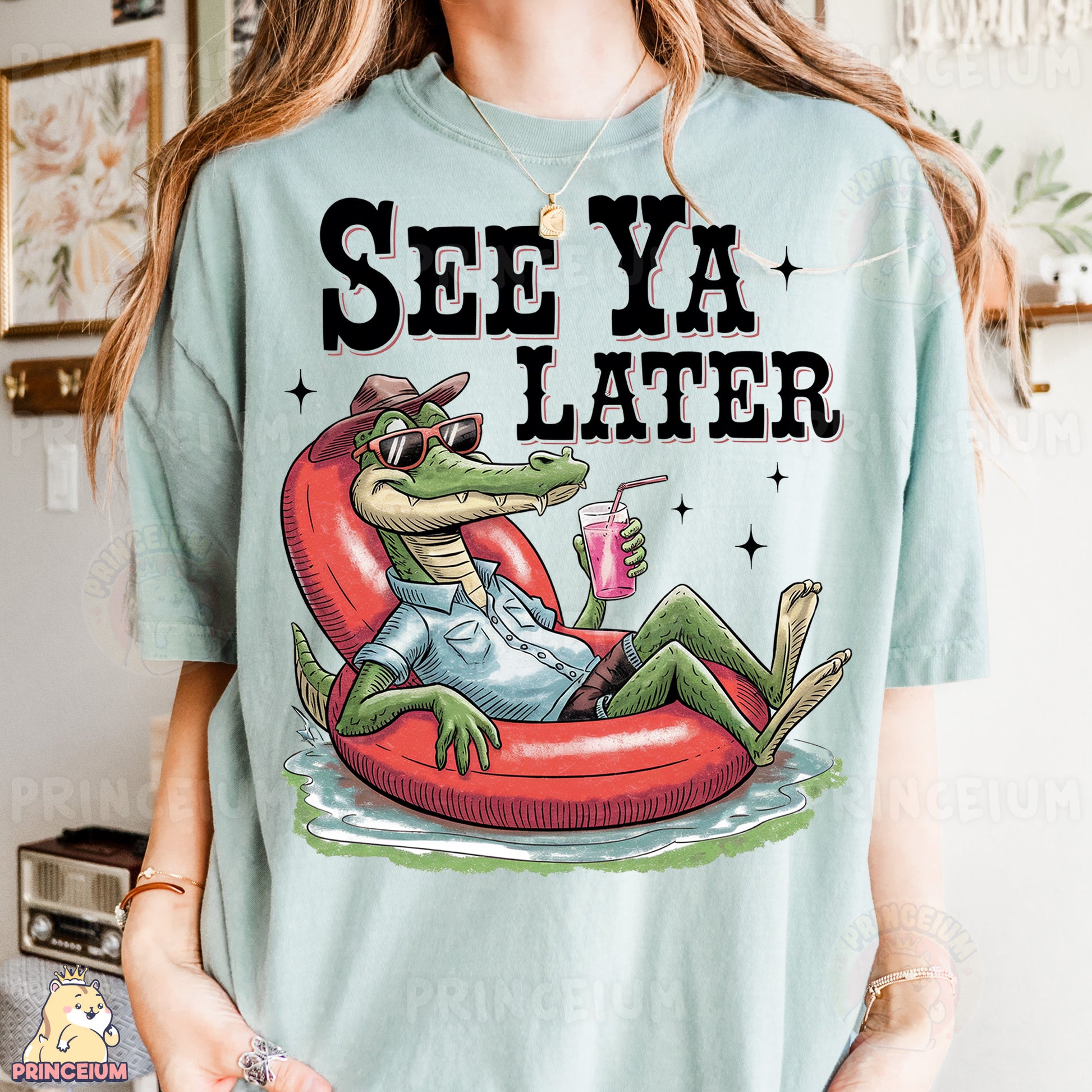 a woman wearing a t - shirt that says see ya later