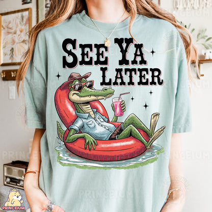 a woman wearing a t - shirt that says see ya later