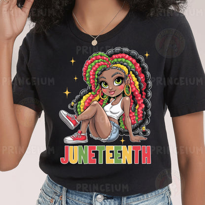 a woman wearing a black t - shirt with a picture of a girl with a