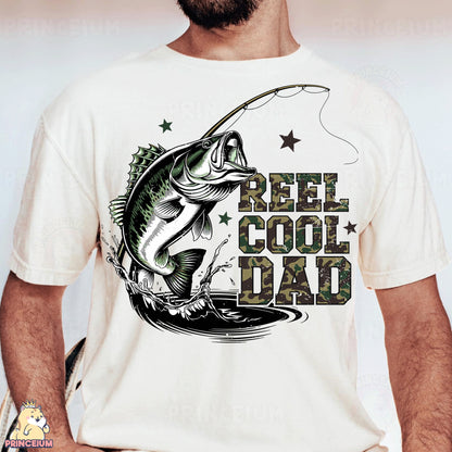 a man wearing a reel cool dad t - shirt