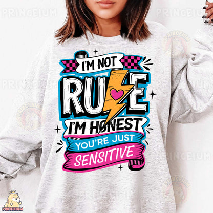 a woman wearing a sweatshirt that says i'm not rude, i'm