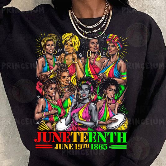 a woman wearing a black shirt with a bunch of women on it