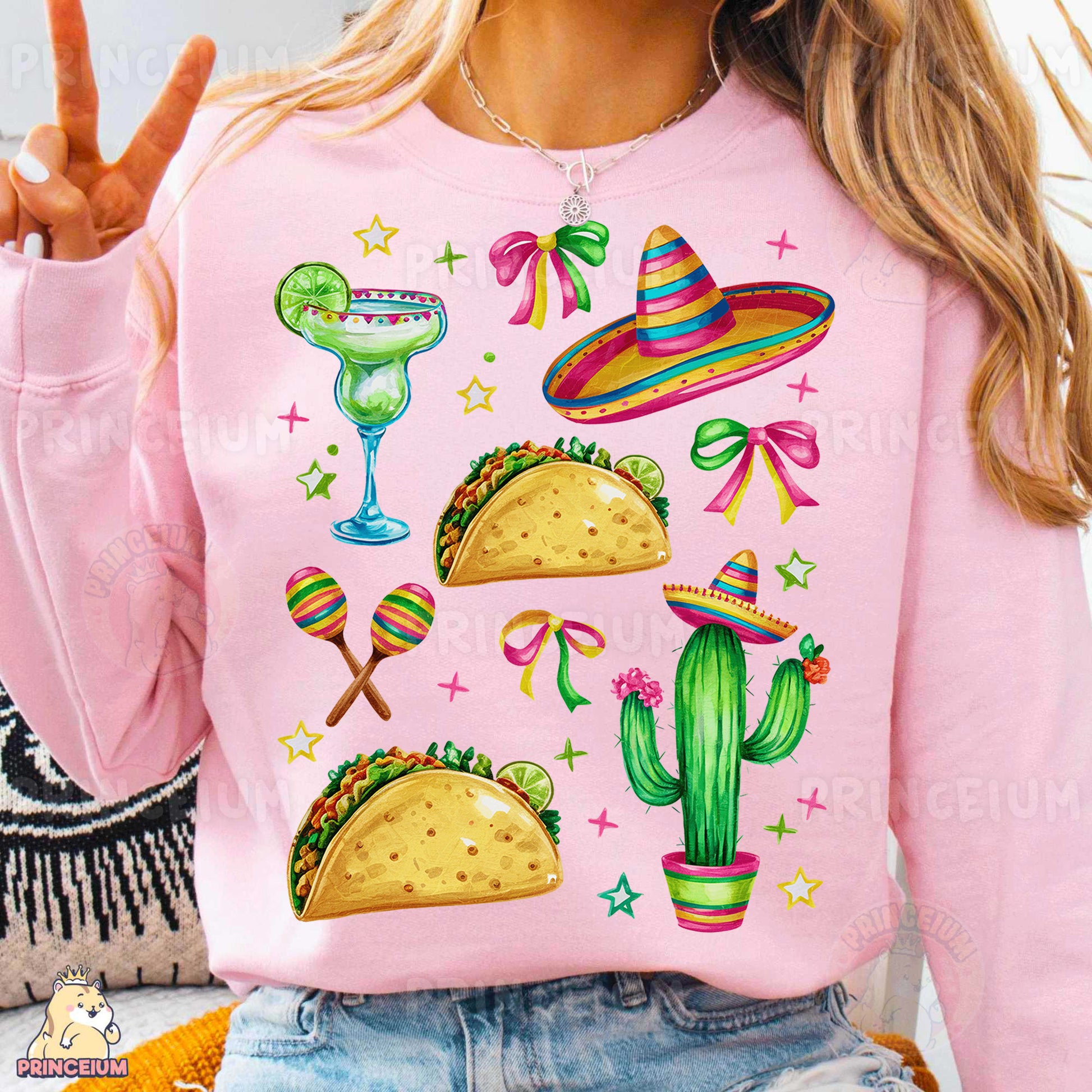 a woman wearing a pink sweater with mexican food on it