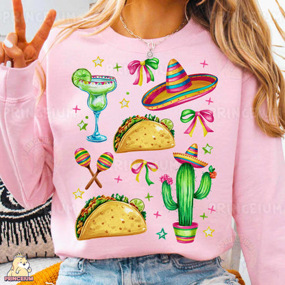 a woman wearing a pink sweater with mexican food on it