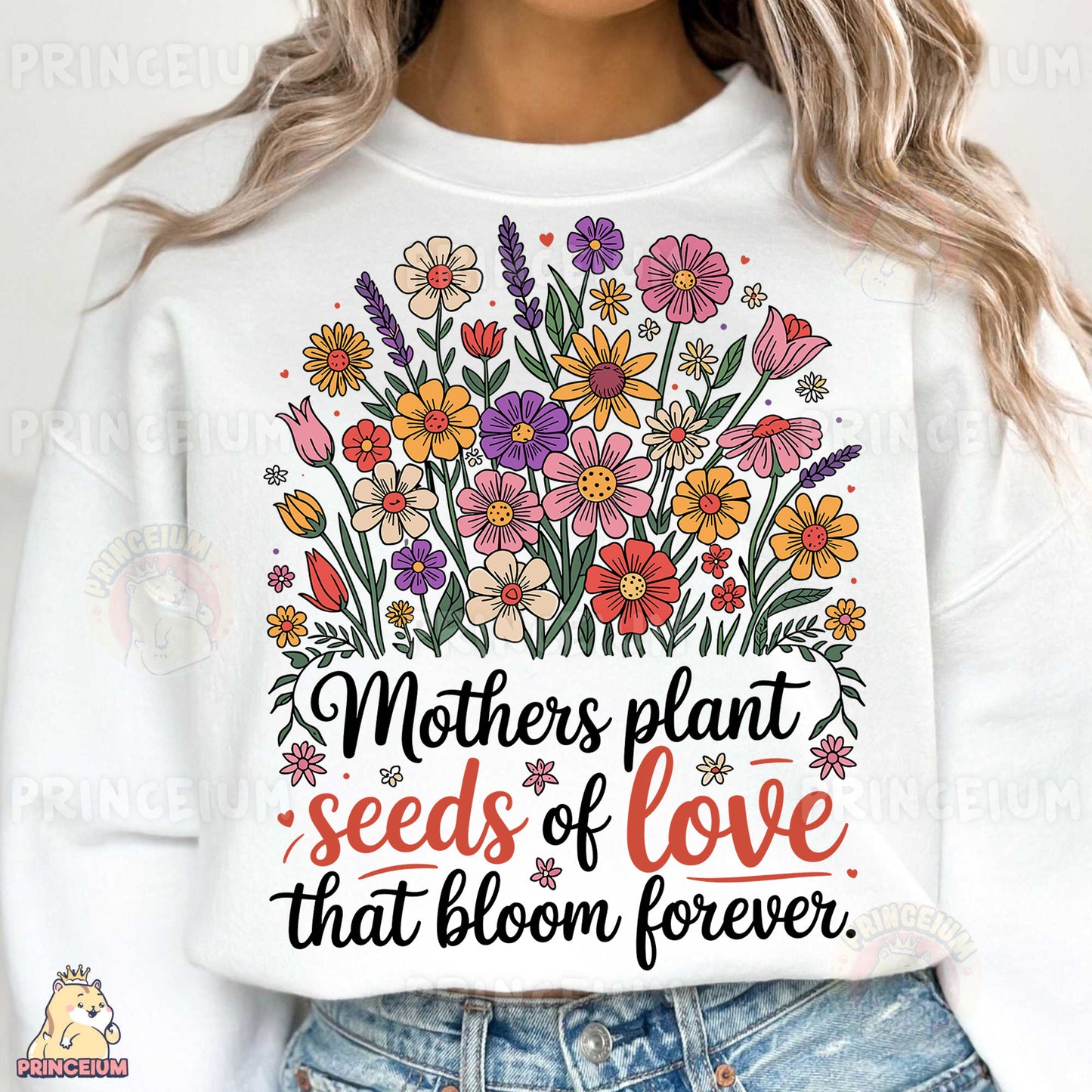 a woman wearing a white sweatshirt with flowers on it