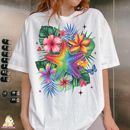 a woman wearing a t - shirt with a starfish and flowers on it