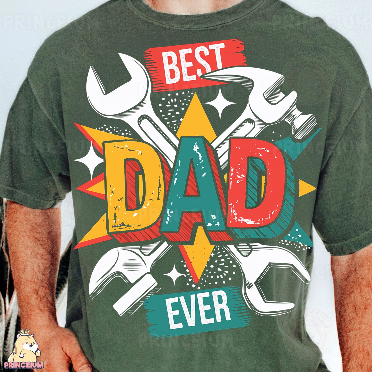 a man wearing a green t - shirt that says best dad ever