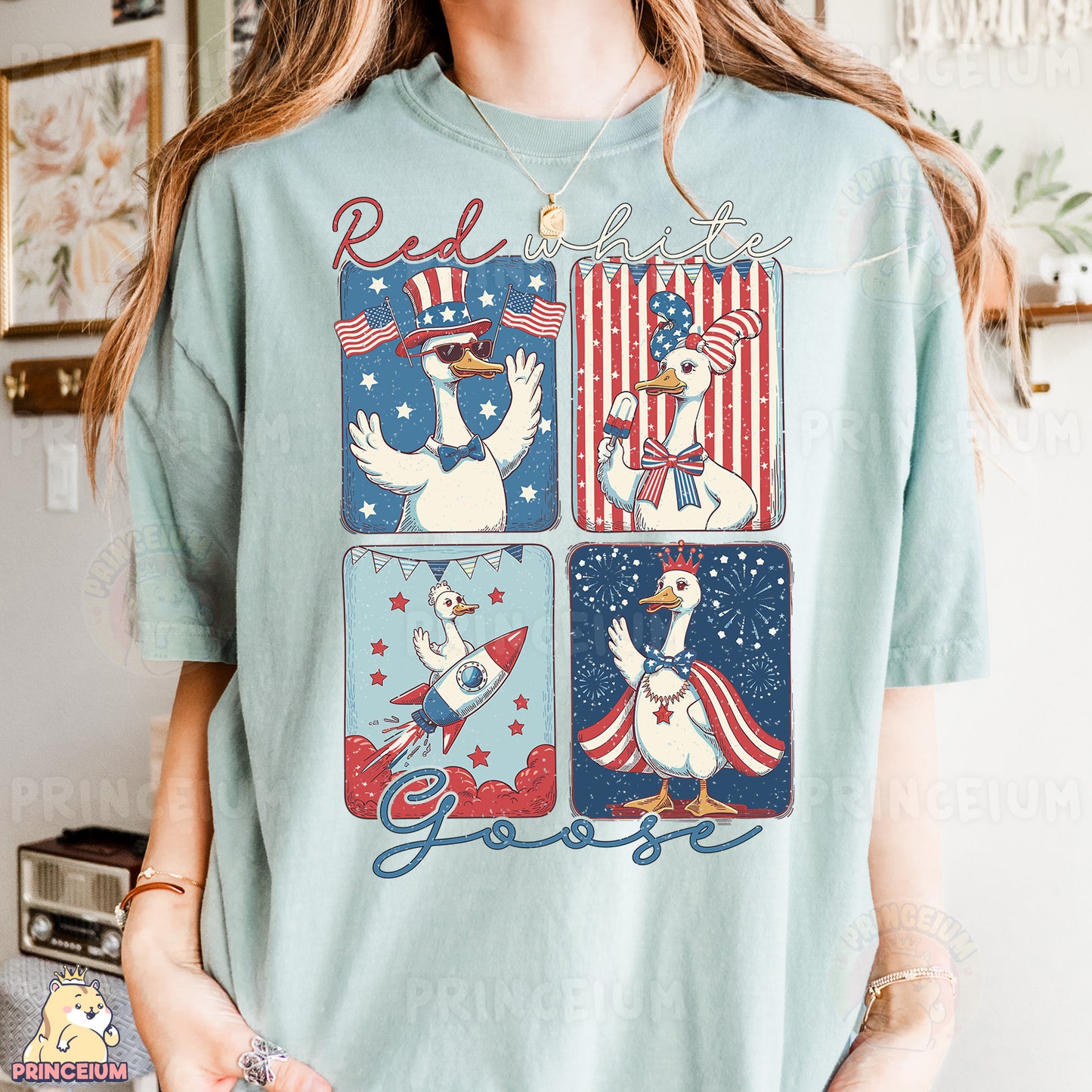 a woman wearing a blue t - shirt with patriotic images on it