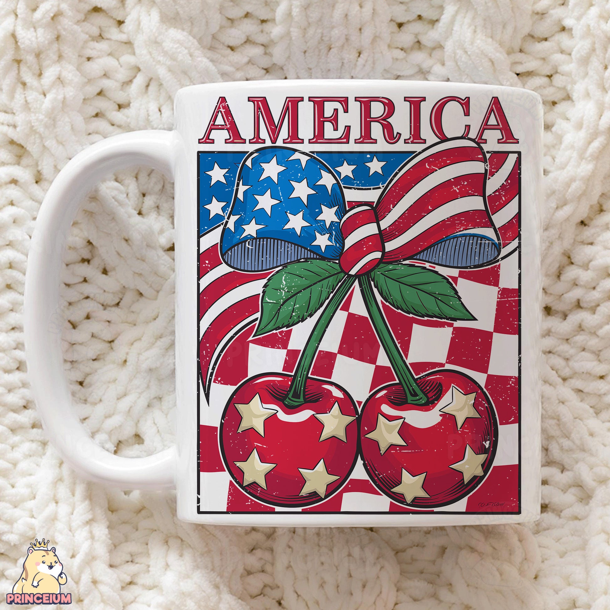 a coffee mug with a picture of cherries on it