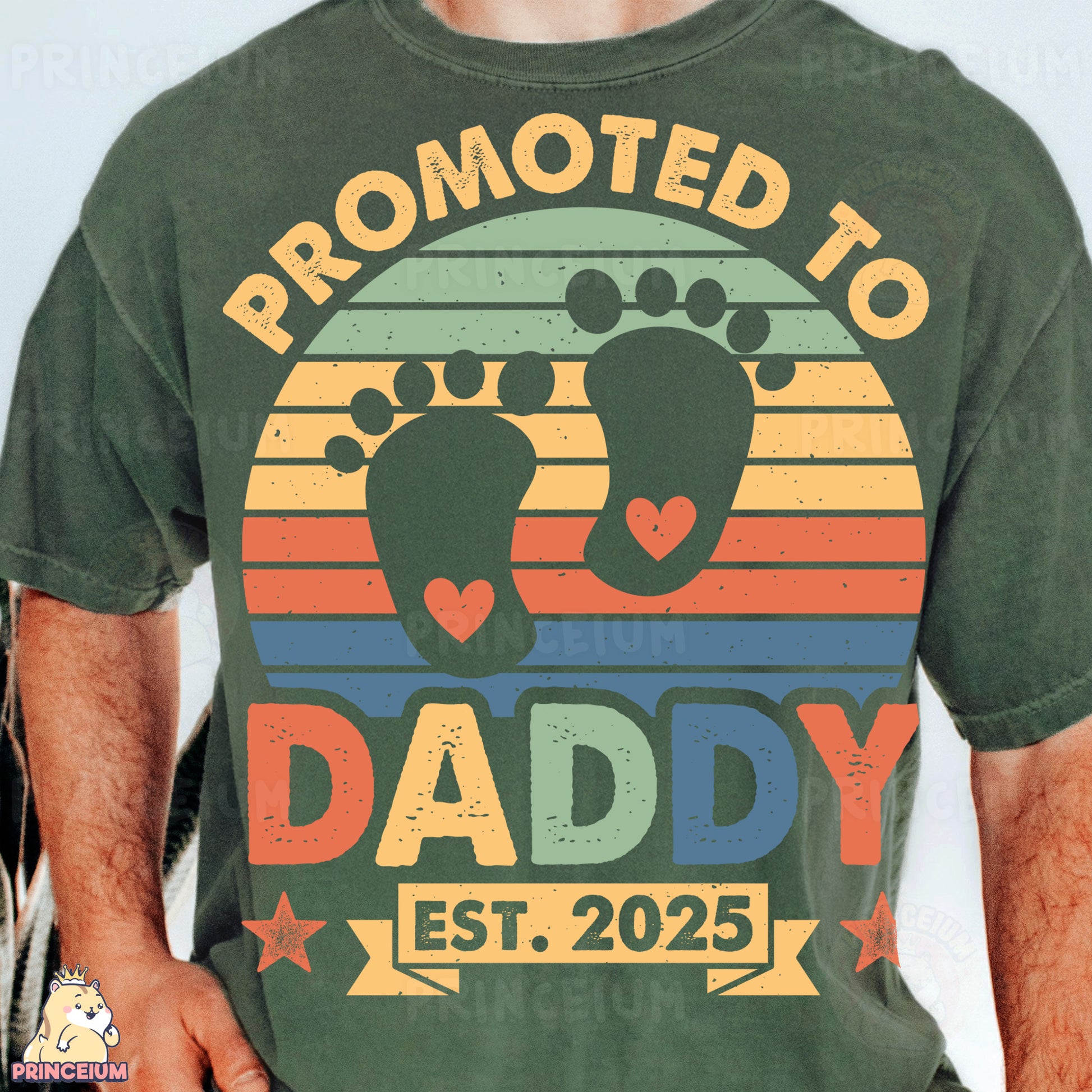 a man wearing a green t - shirt with a picture of a pair of feet