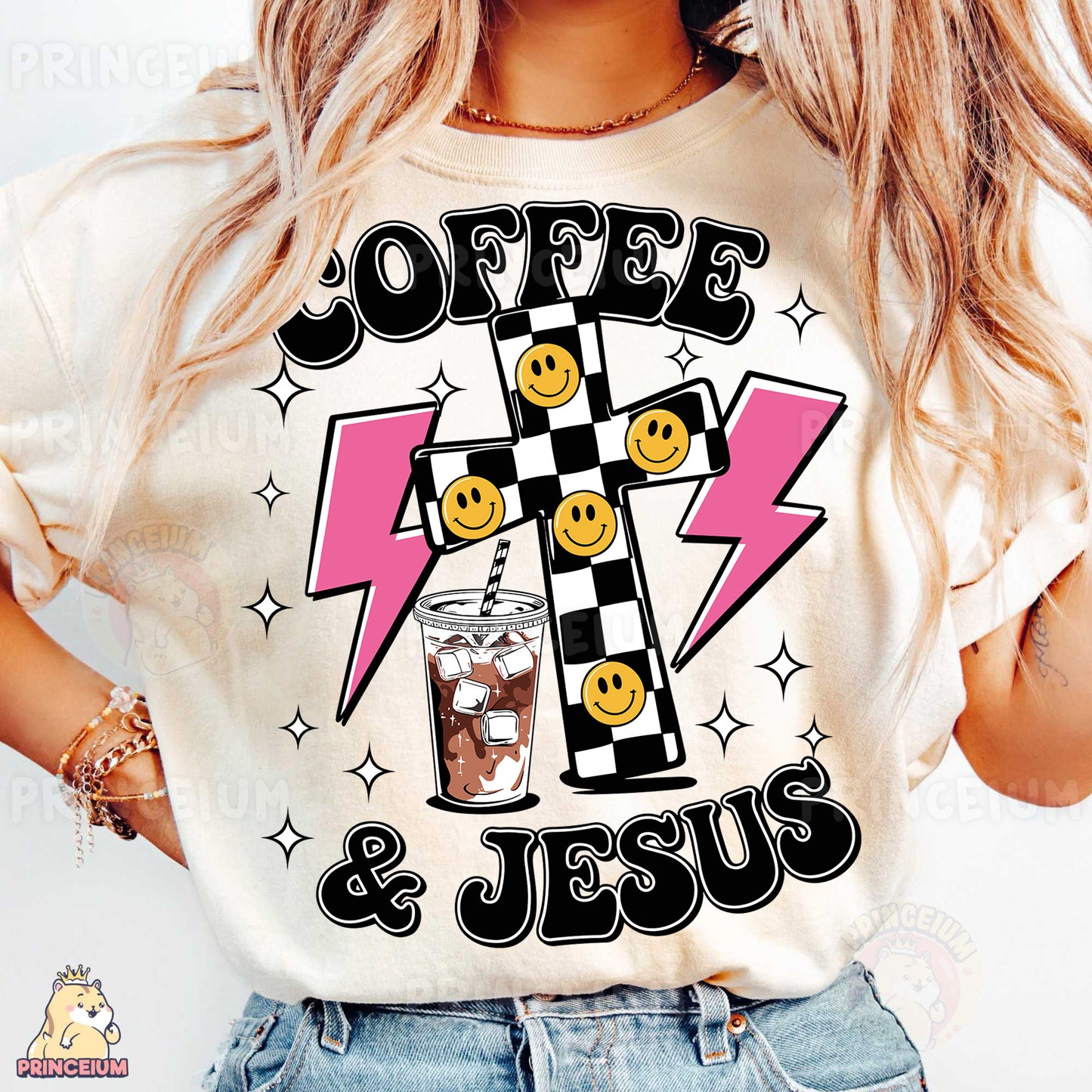 a woman wearing a t - shirt that says coffee and jesus