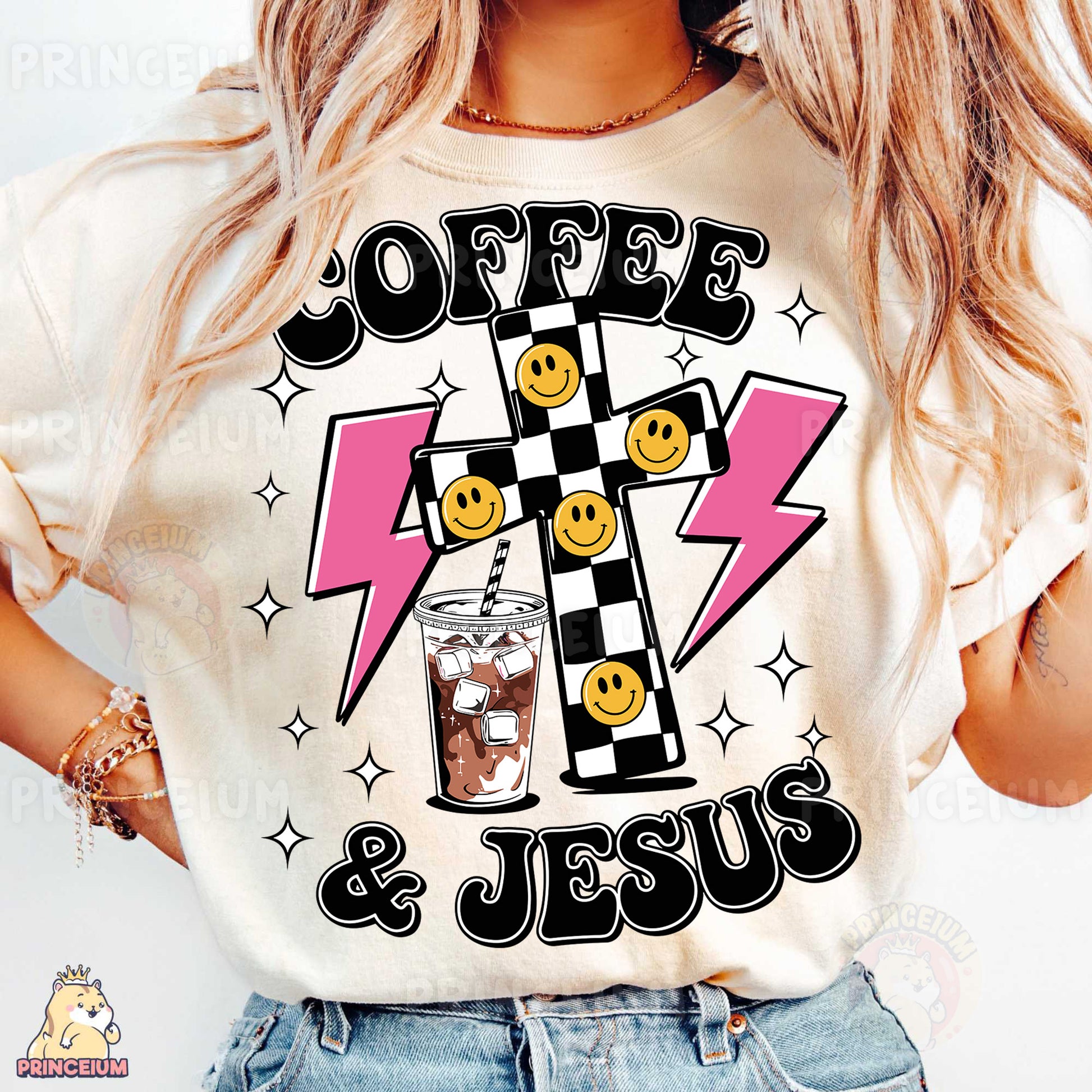 a woman wearing a t - shirt that says coffee and jesus