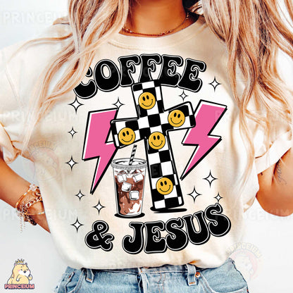 a woman wearing a t - shirt that says coffee and jesus
