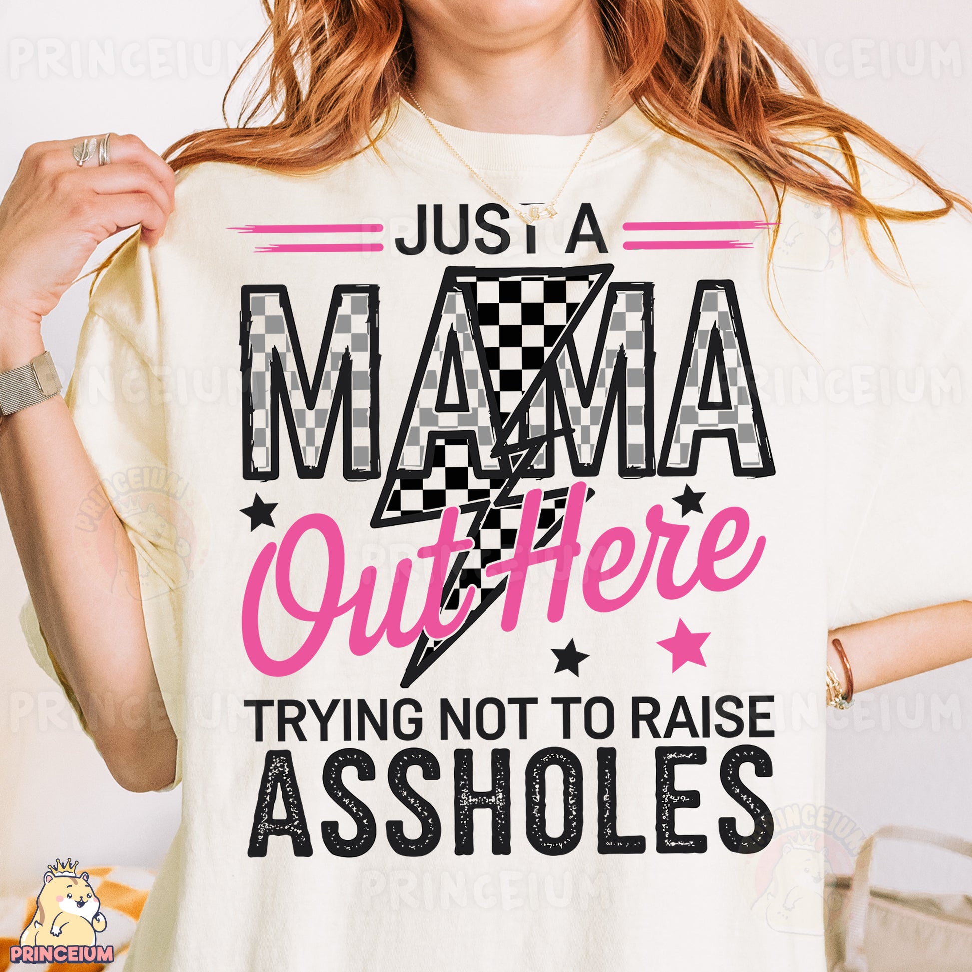 a woman wearing a t - shirt that says just a mama outside trying not to