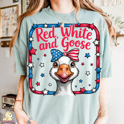 a woman wearing a red, white and goose t - shirt