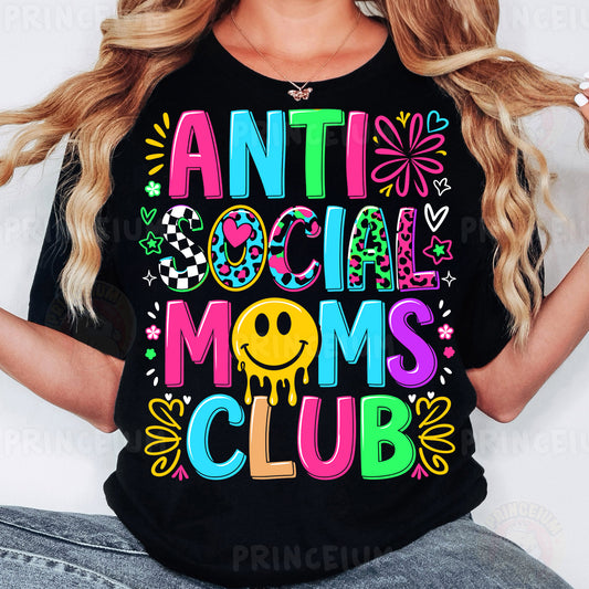 a woman wearing an anti social moms club t - shirt