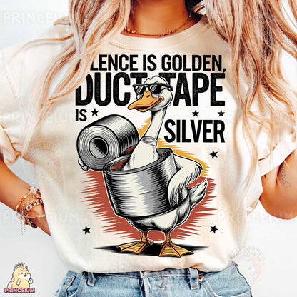 a woman wearing a t - shirt with a duck holding a roll of toilet paper