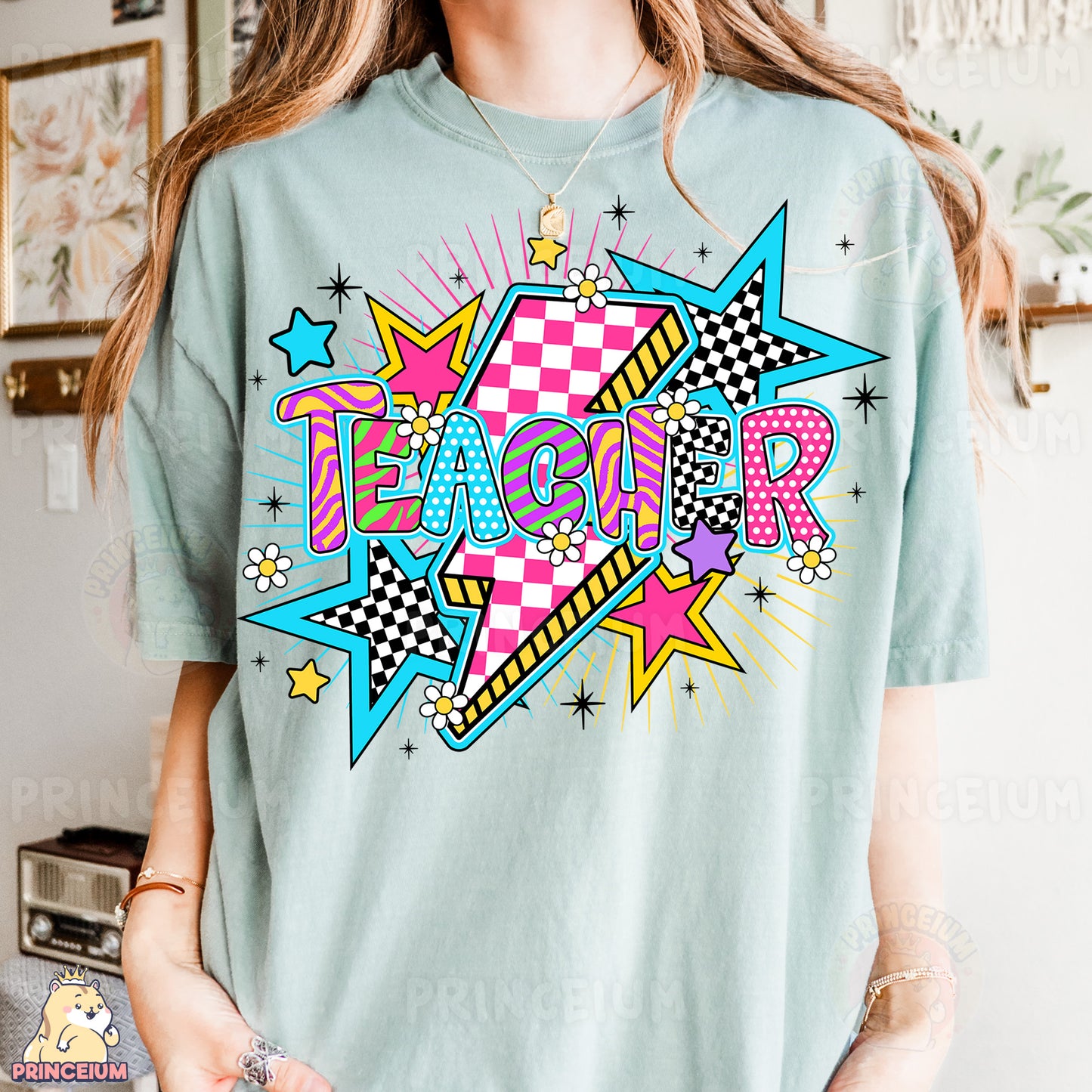 a woman wearing a t - shirt that says teacher