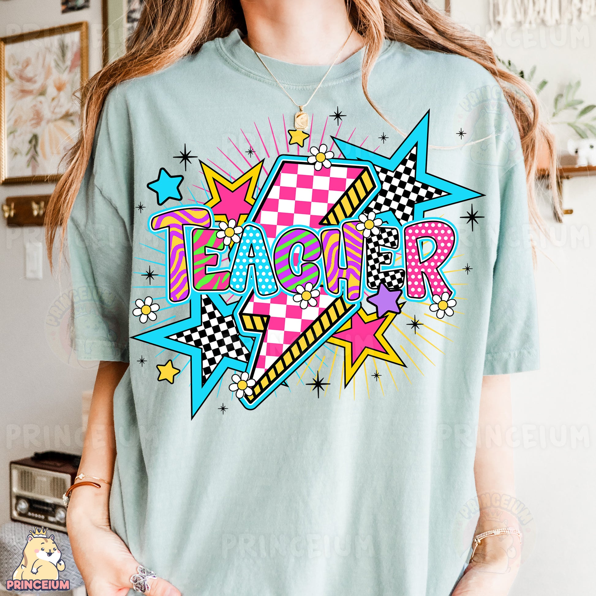 a woman wearing a t - shirt that says teacher