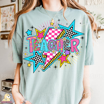 a woman wearing a t - shirt that says teacher