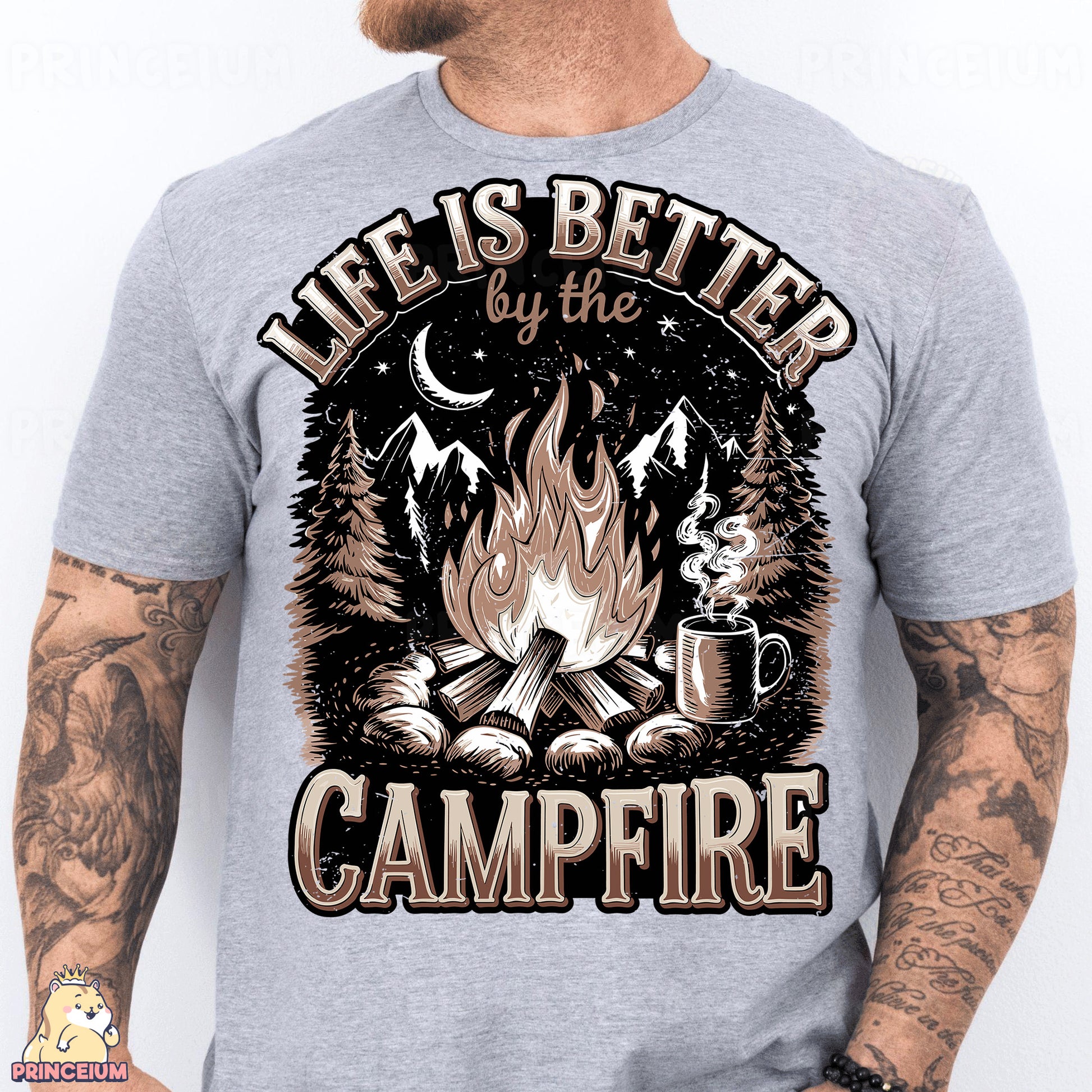 a man wearing a t - shirt that says life is better by the campfire