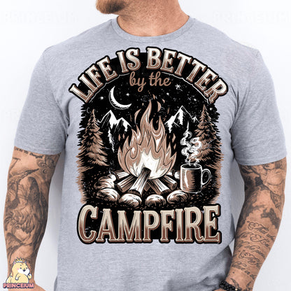 a man wearing a t - shirt that says life is better by the campfire