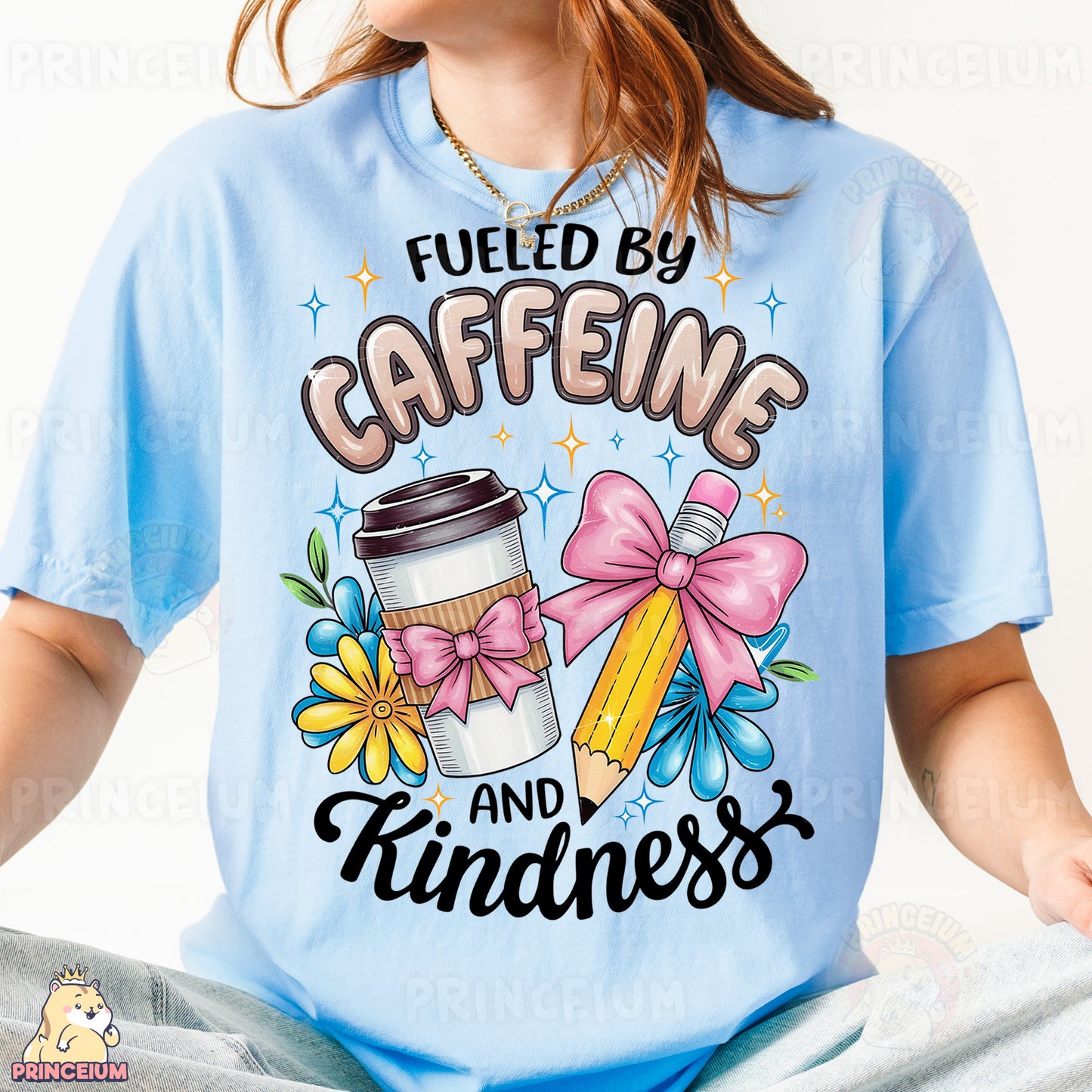 a woman wearing a t - shirt that says fueled by caffeine and kindness