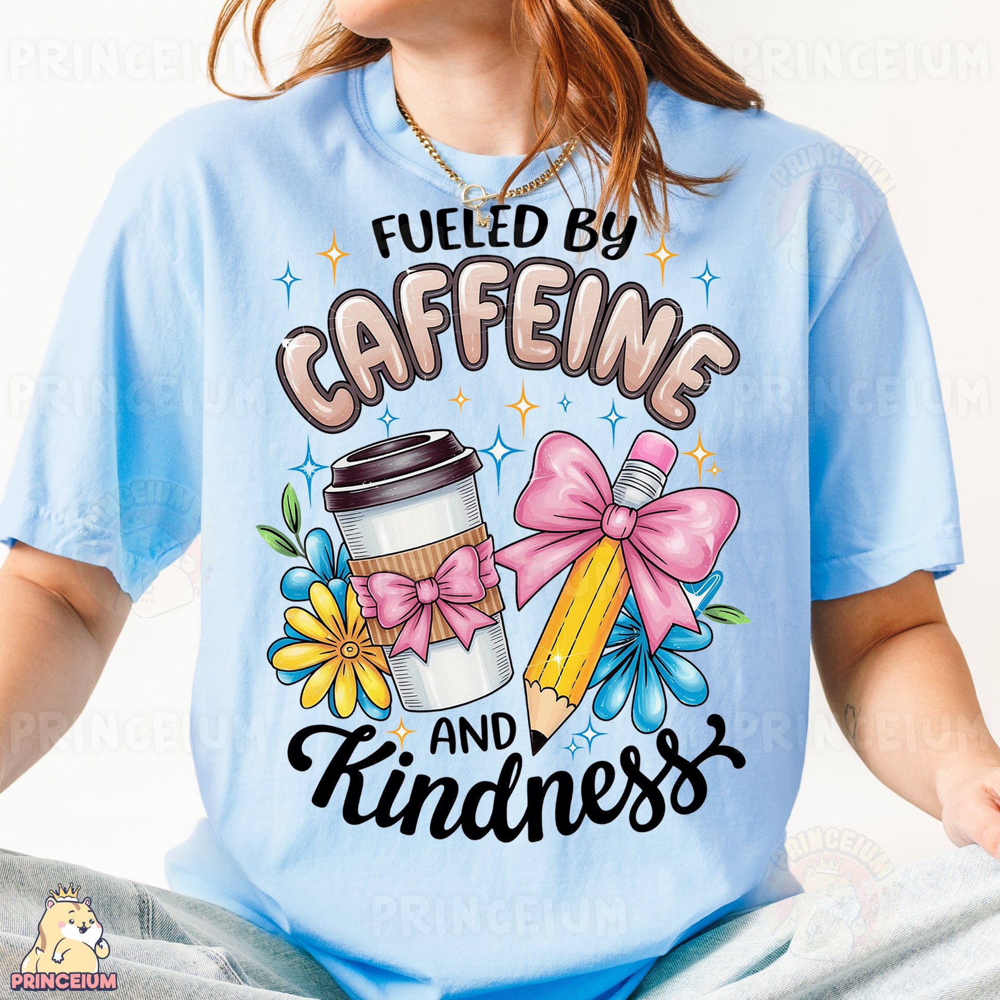 a woman wearing a t - shirt that says fueled by caffeine and kindness