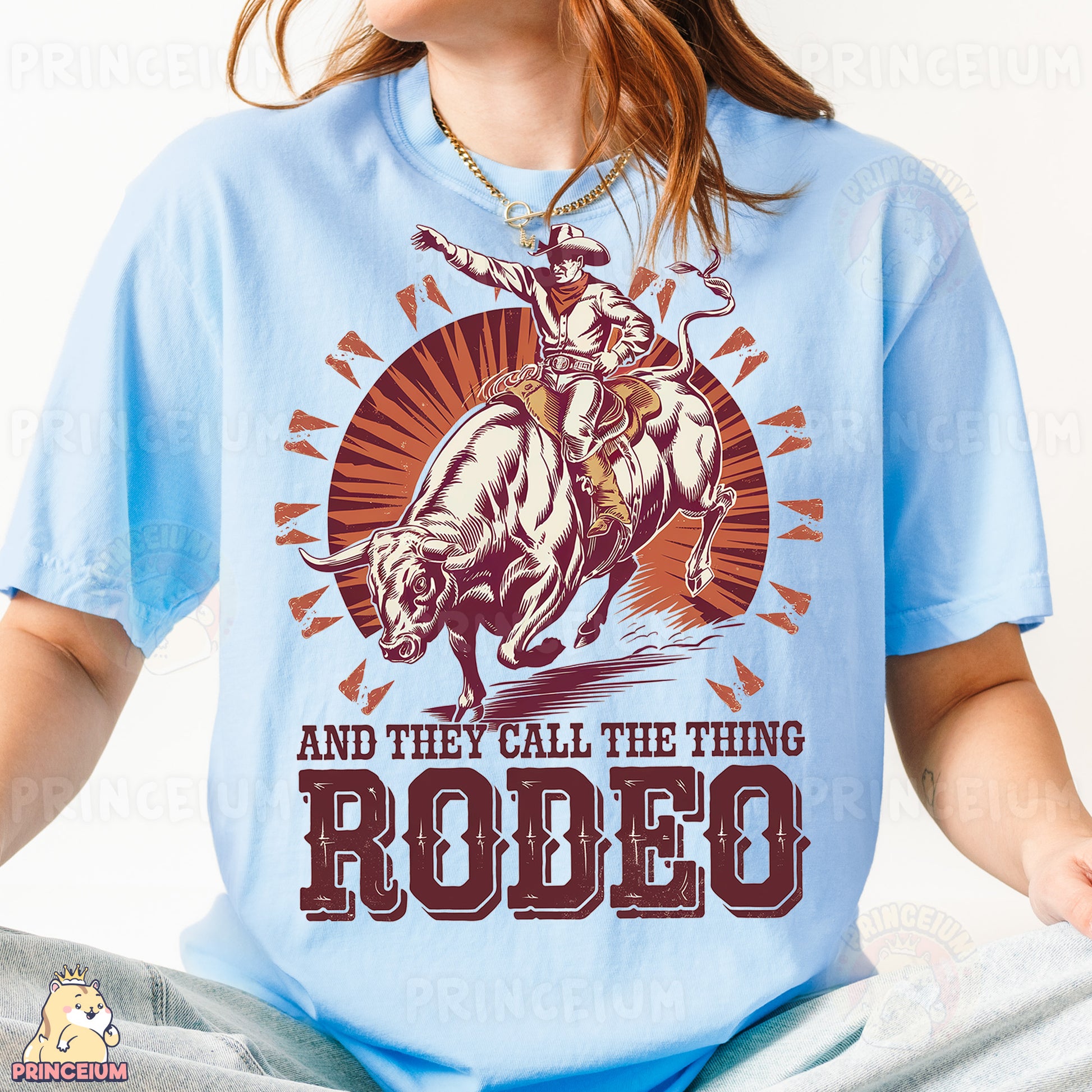 a woman wearing a t - shirt that says rodeo and they call the thing rodeo