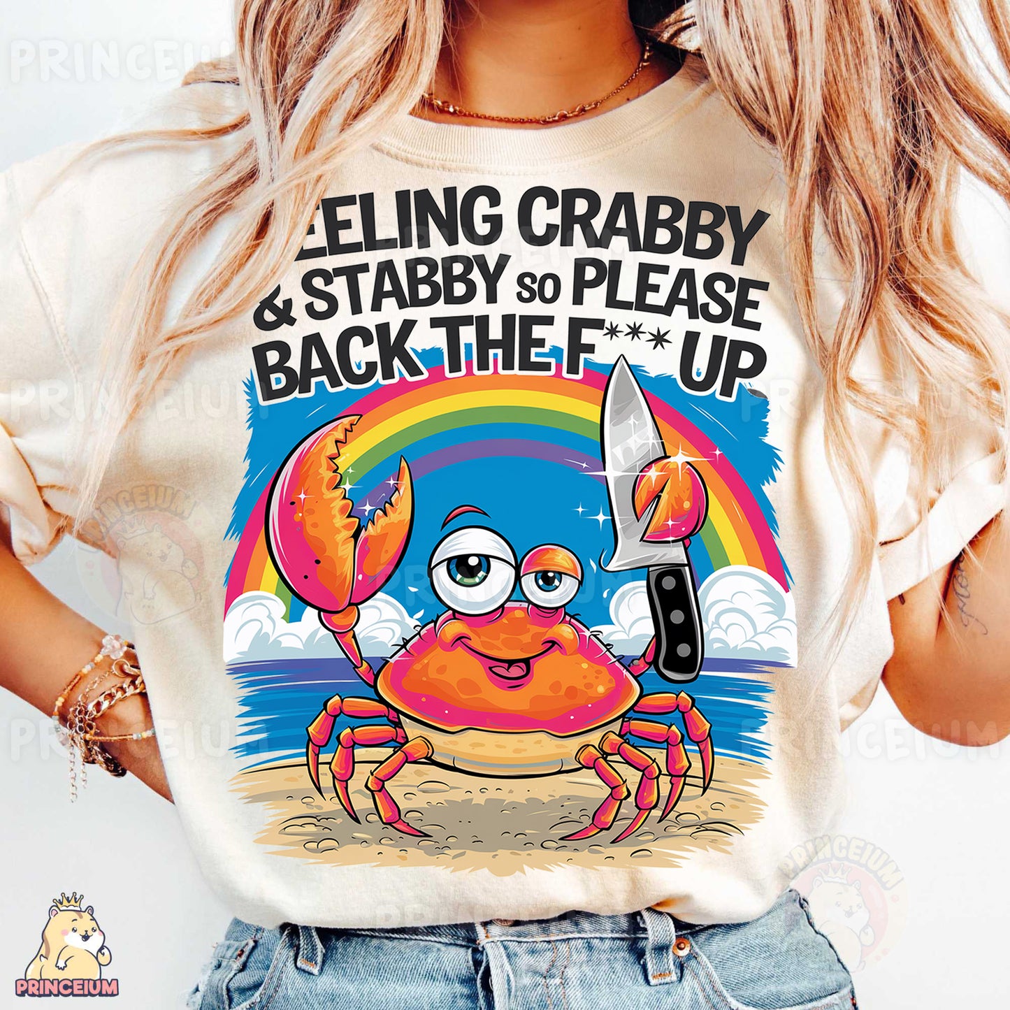 a woman wearing a t - shirt with a crab on it