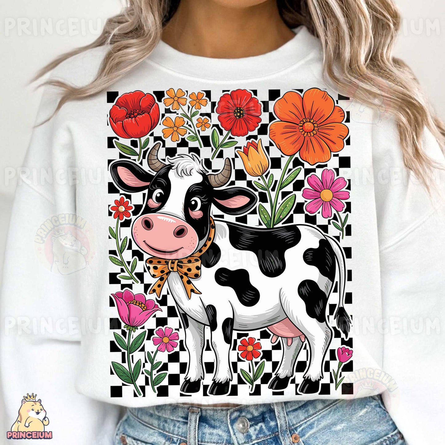 a woman wearing a white shirt with a black and white cow on it