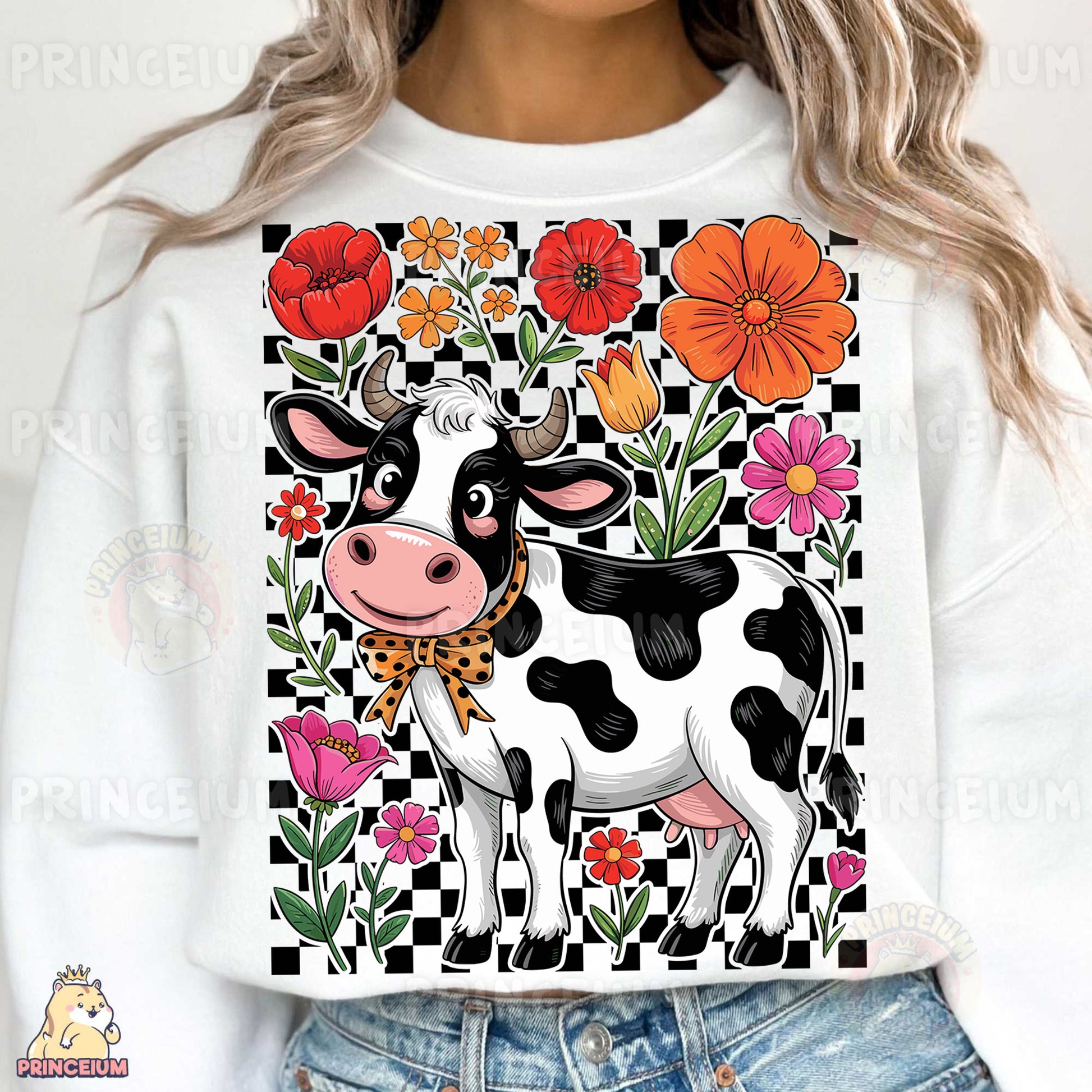 a woman wearing a white shirt with a black and white cow on it