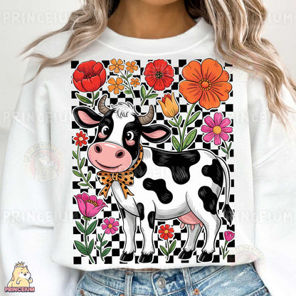 a woman wearing a white shirt with a black and white cow on it