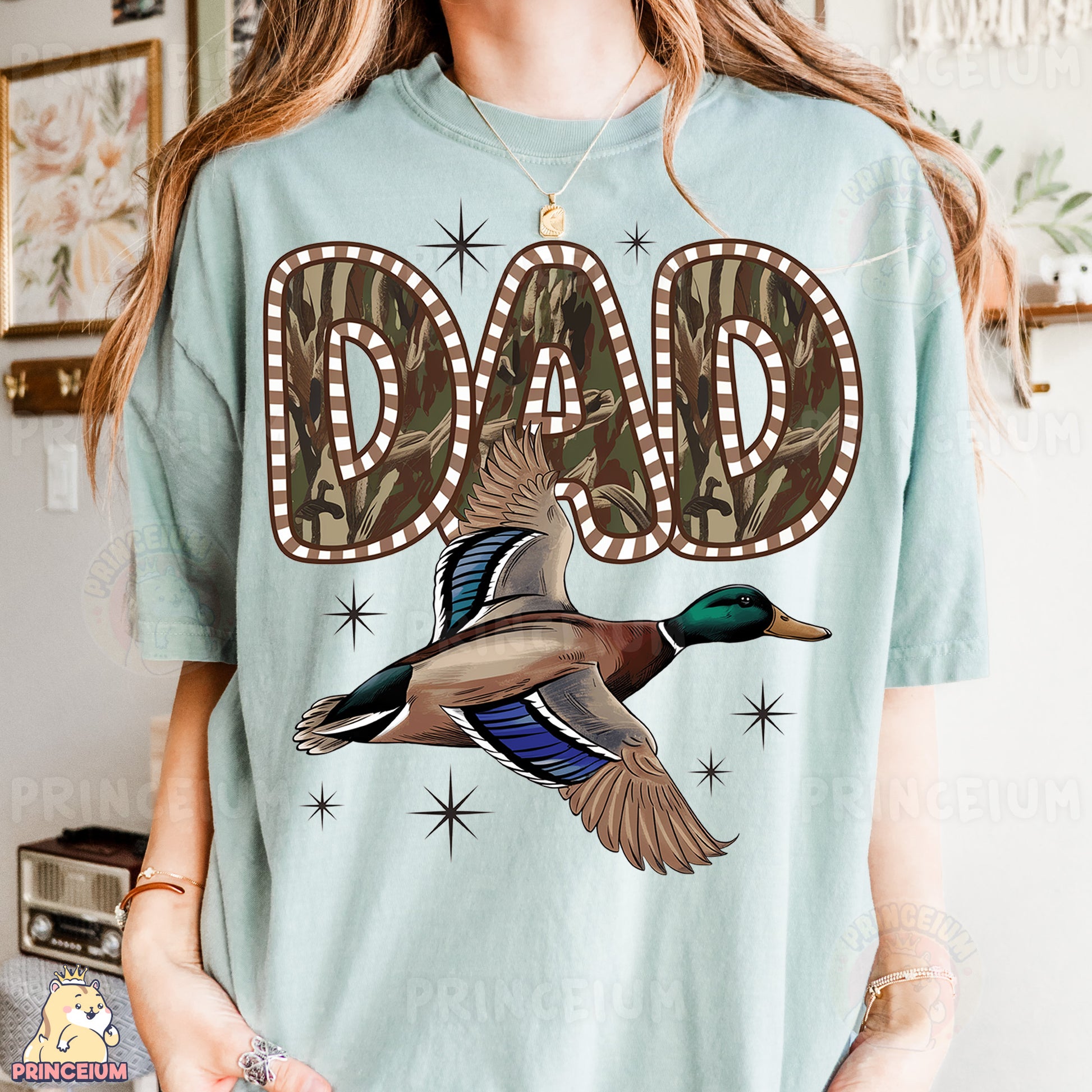 a woman wearing a t - shirt with a duck on it