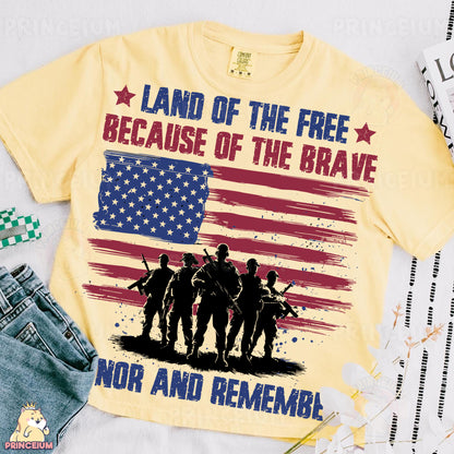 a t - shirt with the words land of the free because of the brave and