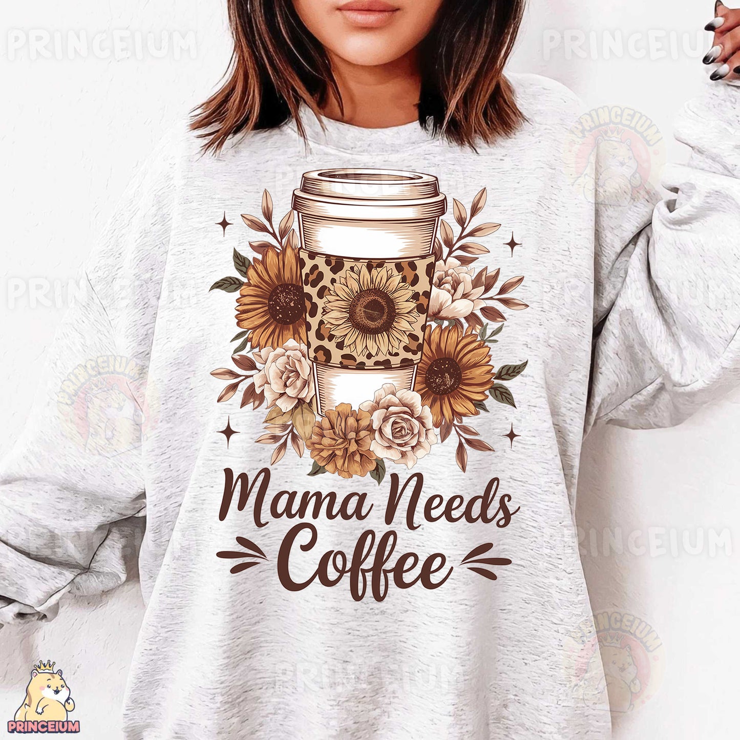 a woman wearing a sweatshirt that says mama needs coffee