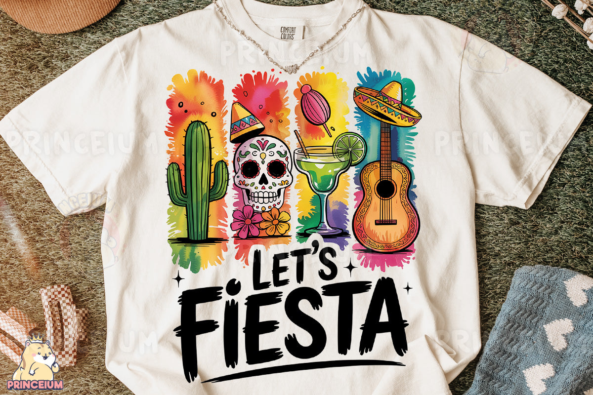 a t - shirt that says let's fiesta with a picture of a guitar