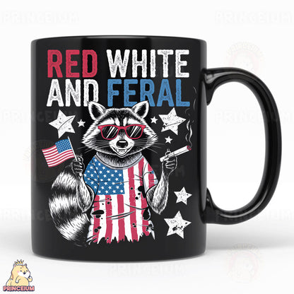 a black coffee mug with a raccoon holding an american flag
