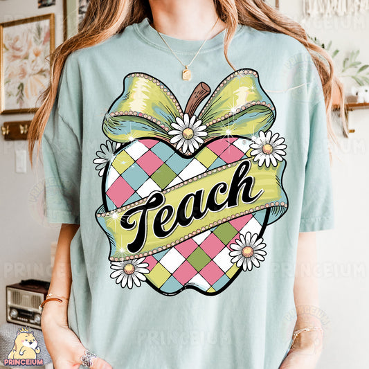 a woman wearing a t - shirt that says teach