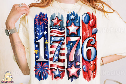 a woman wearing a t - shirt with fireworks and stars on it