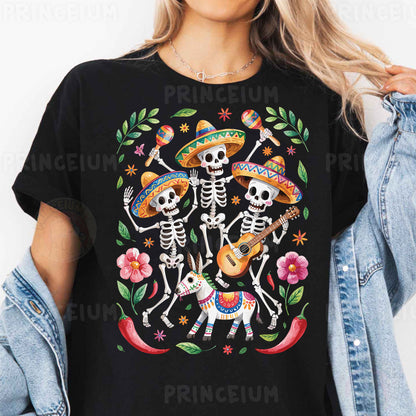 a woman wearing a black t - shirt with a skeleton playing guitar