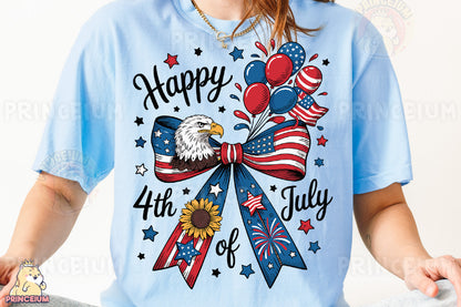a woman wearing a happy 4th of july t - shirt