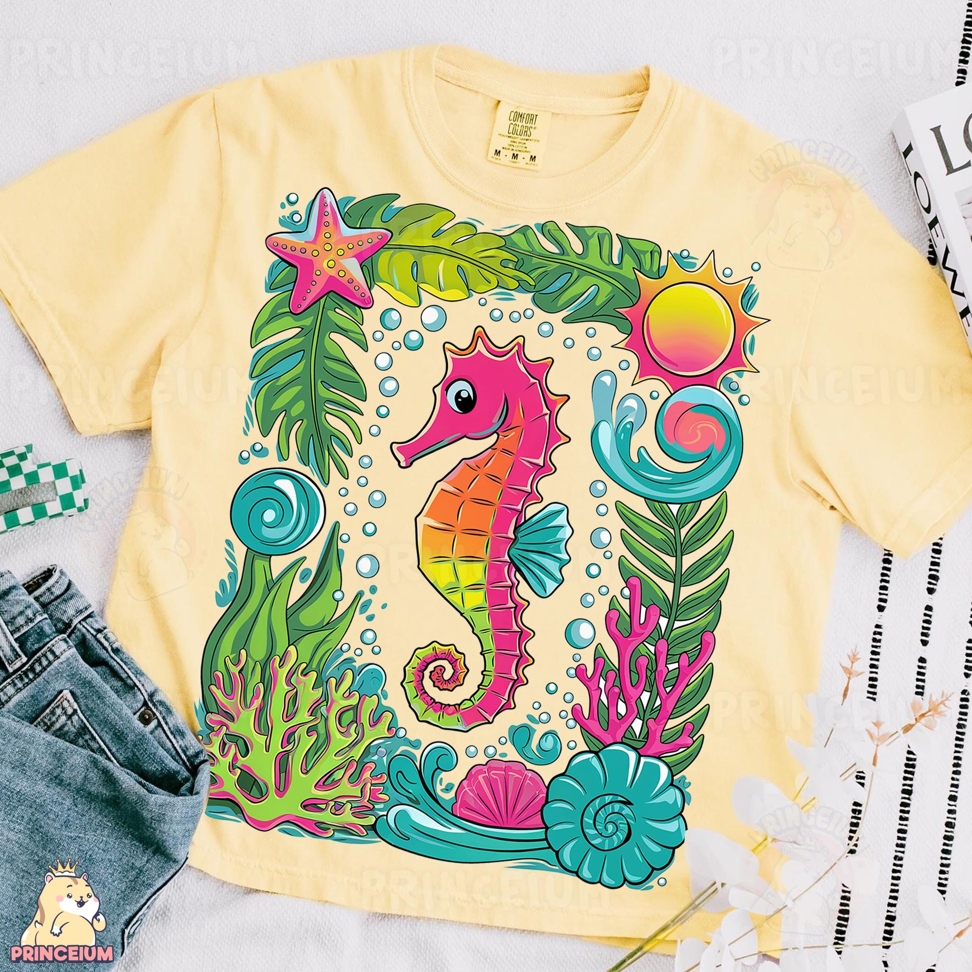 a yellow shirt with a sea horse on it