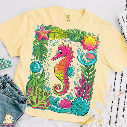a yellow shirt with a sea horse on it