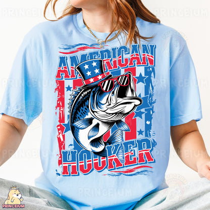 a woman wearing a blue american hooker t - shirt