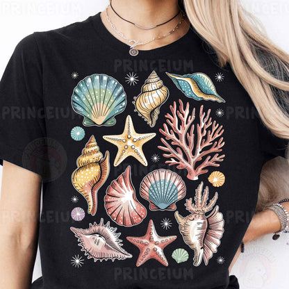 a woman wearing a black t - shirt with colorful seashells and starfish