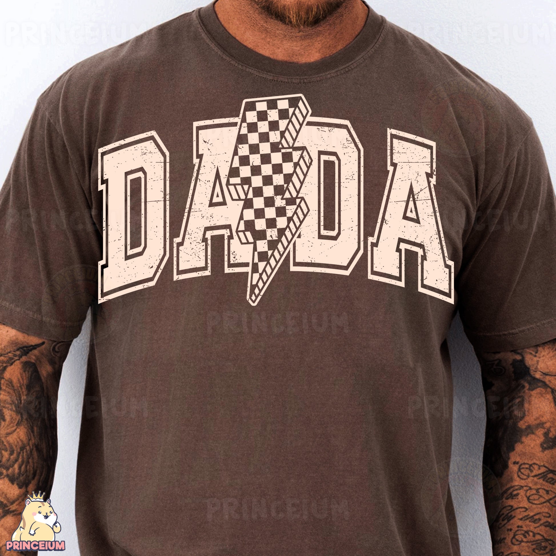 a man wearing a brown shirt with a checkered design on it