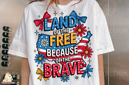 a woman wearing a t - shirt that says land of the free because of the