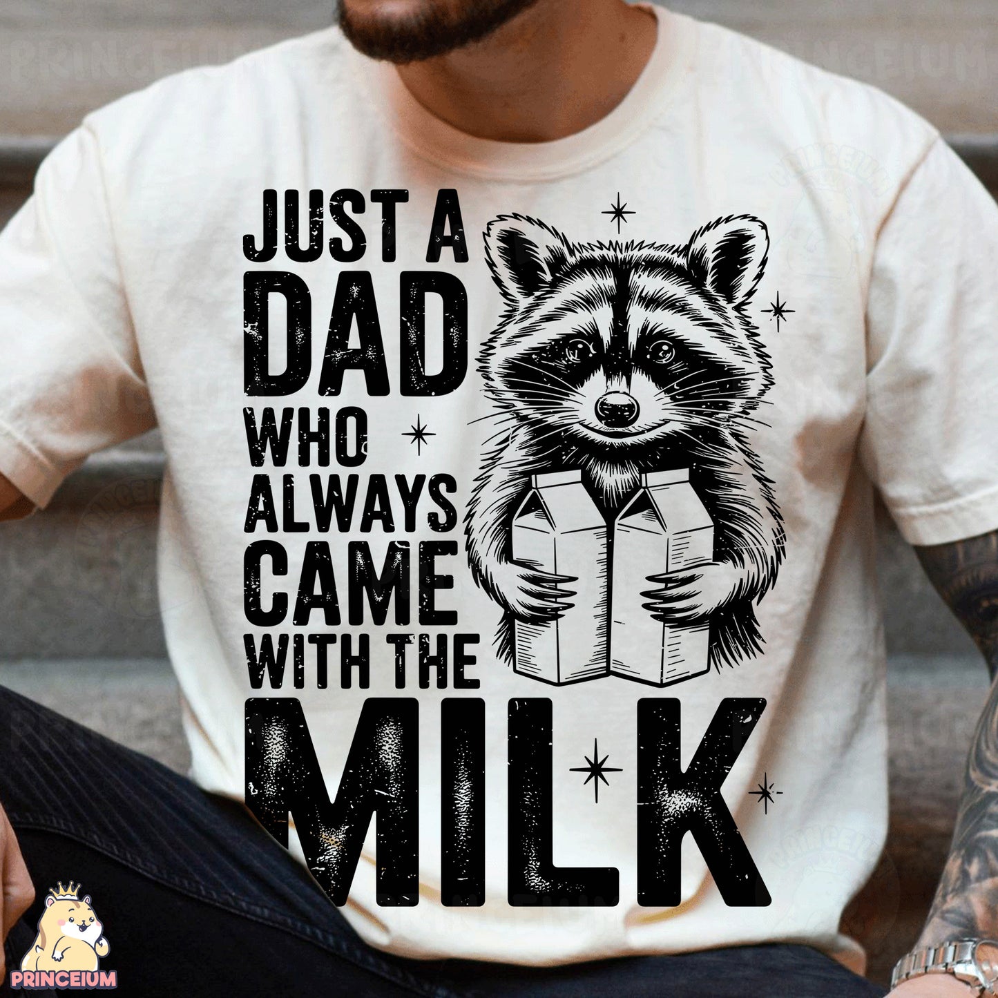 a man wearing a white shirt with a raccoon reading a book